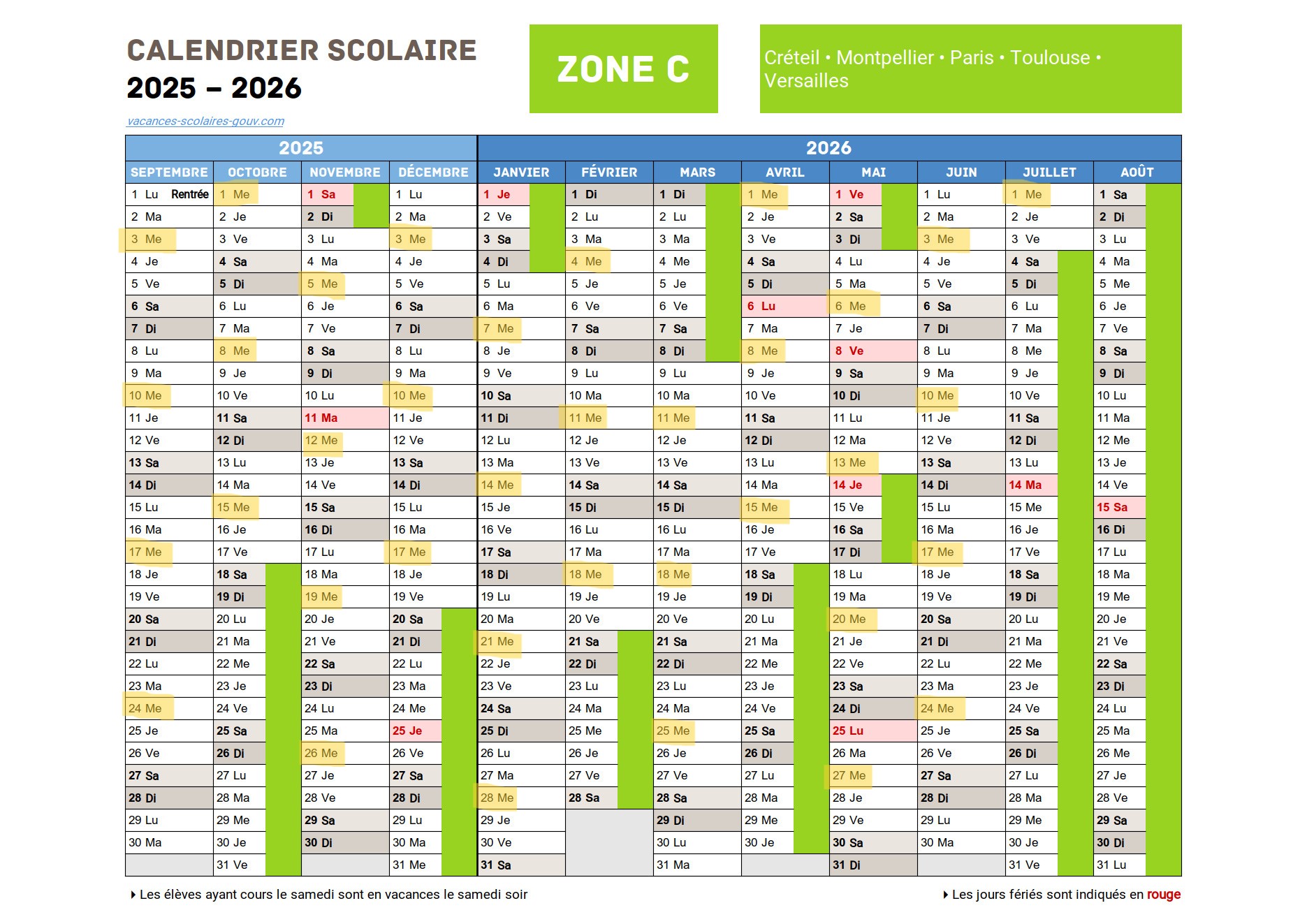 Calendrier scolaire 2025-2026 Zone C