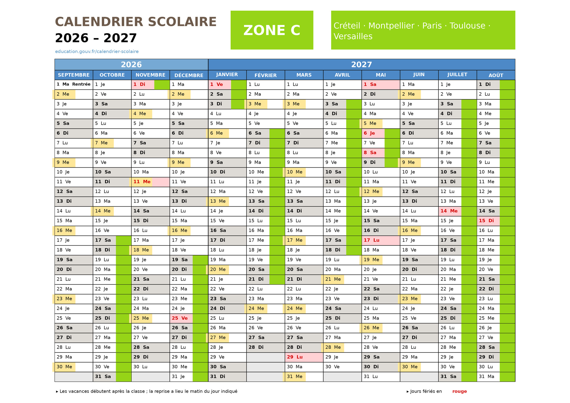 Calendrier scolaire 2026-2027 Zone C